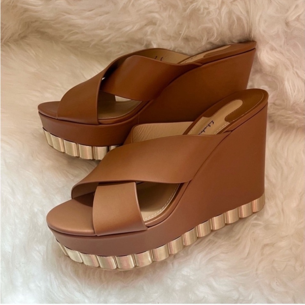 New! Salvatore Ferragamo Nicosia Wedge Platform Sandals in Brown Leather - Picture 9 of 14